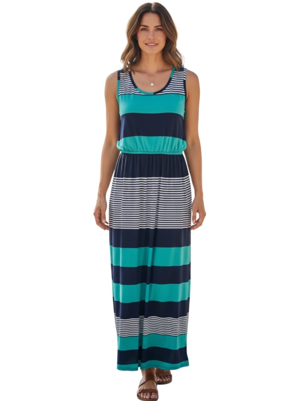 Charlie Paige Navy/White Stripe/Teal Colour Block Sleeveless Maxi Dress (M)